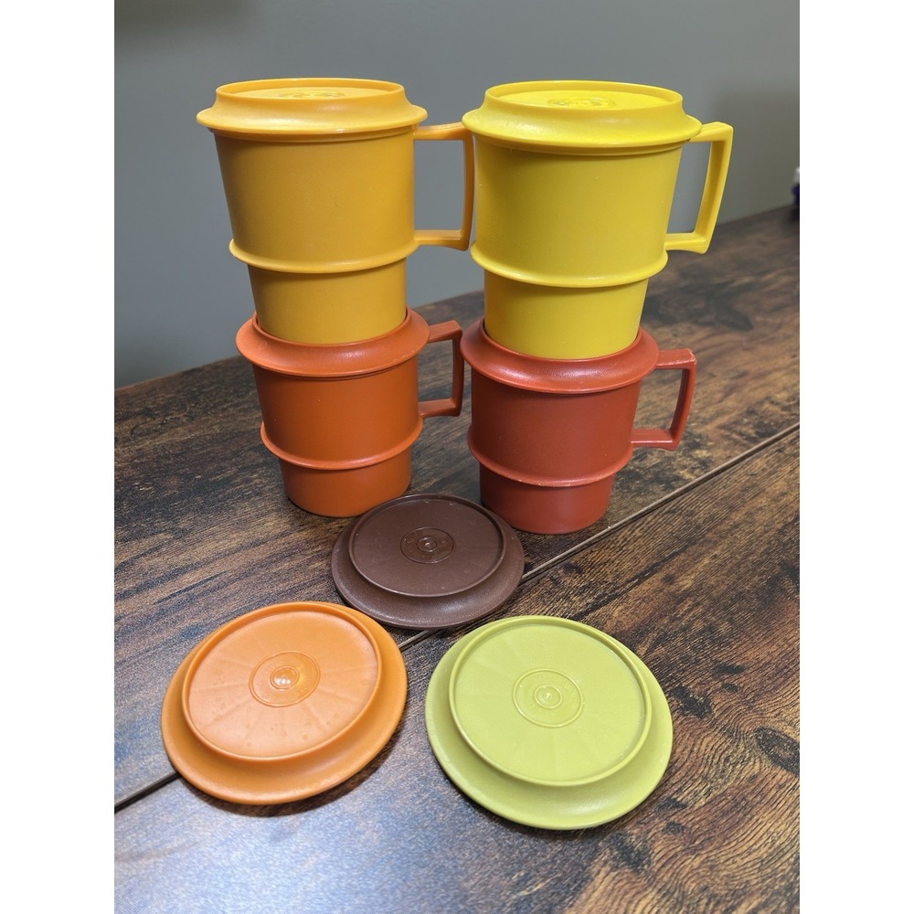 Tupperware Stacking Coffee Cups Lids Coasters Set of 4 Retro Harvest